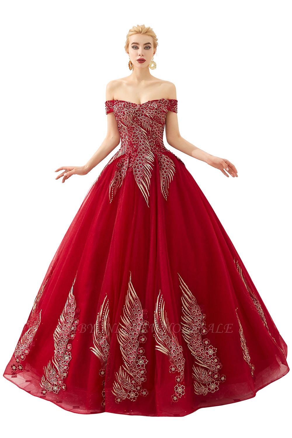 Henry | Elegante vestido de fiesta princesa rojo / menta fuera del hombro con bordado de alas