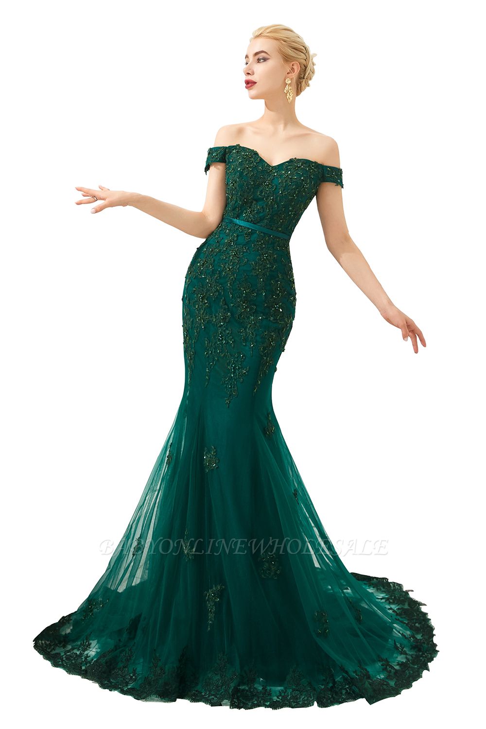 Harvey Vestido de baile de tule sereia verde esmeralda barato com apliques de renda frisada