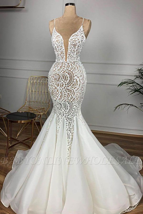 Luxury Spaghetti Strap Plugging V-neck White Sleeveless Mermaid Hollow Wedding Dress