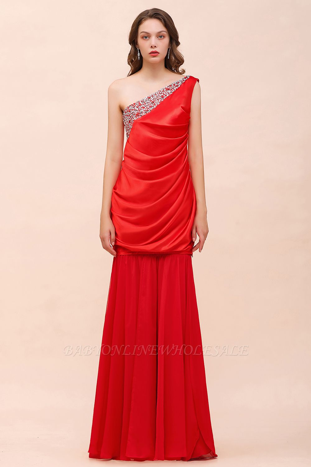 One Shoulder Red Ssatin Special Occasion Dress Detachable Dress for Party with Beadins