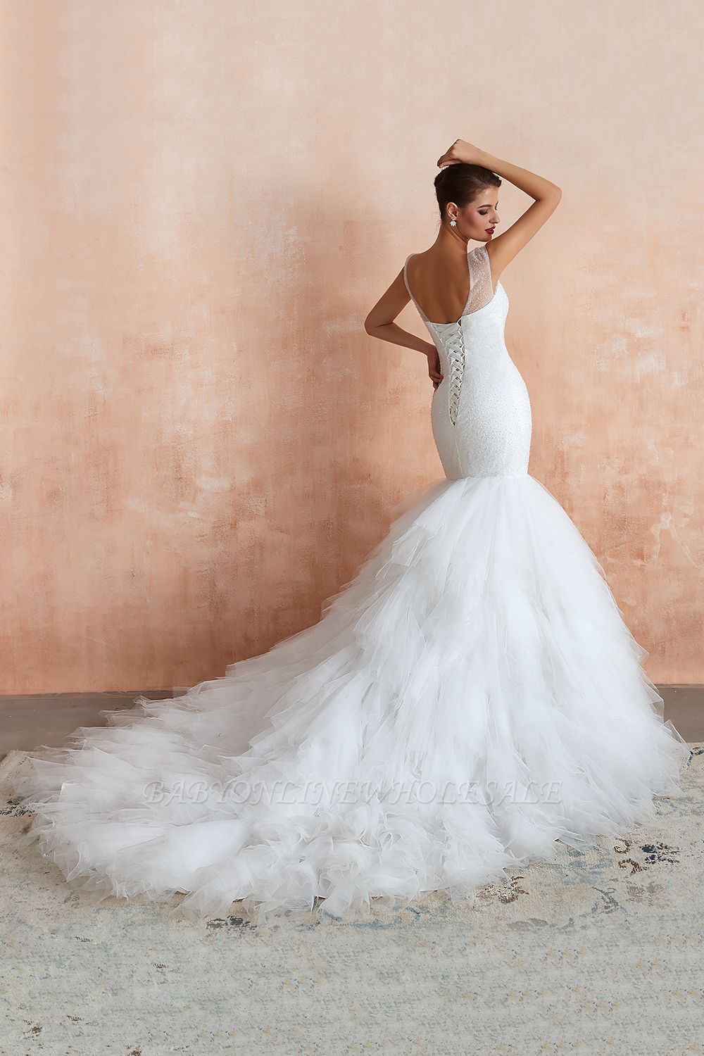 Catherine | Vestido de novia de lujo con cuello en V y manga larga con volantes, espalda baja con cordones Blanco Vestidos de novia ajustados con lentejuelas | Babyonlinewholesale Catherine | Vestido de novia de lujo con cuello en V y manga larga con volantes, espalda baja con cordones Blanco Vestidos de novia ajustados con lentejuelas | Babyonlinewholesale
