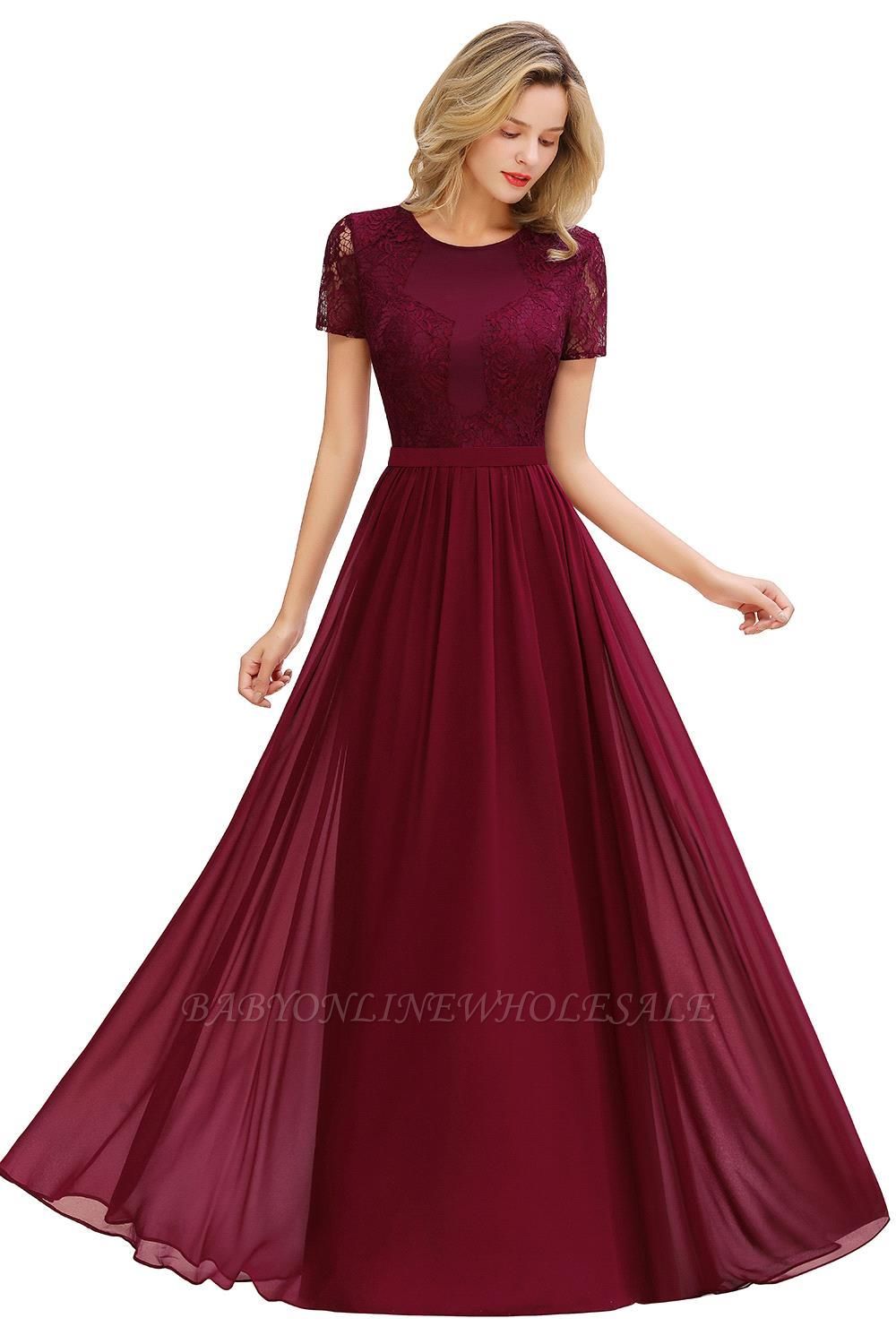 Abraham | Burgundy Short Sleeve Lace Simple Chiffon Formal Dress, Pink, Dark Green