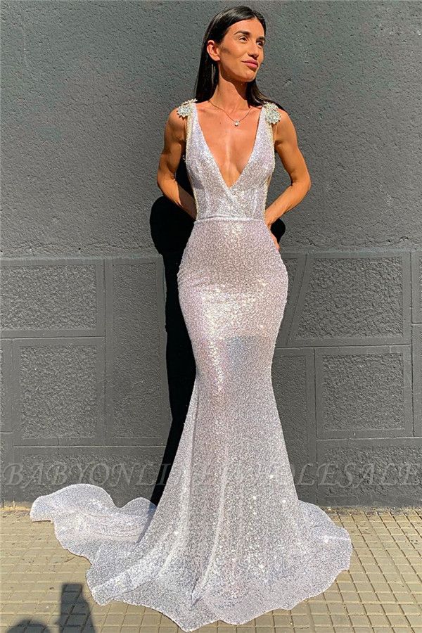 Deep V-neck Sparkling Sequins Beading Sexy Evening Gowns | Backless Mermaid Sleeveless Prom Dresses With Court Train