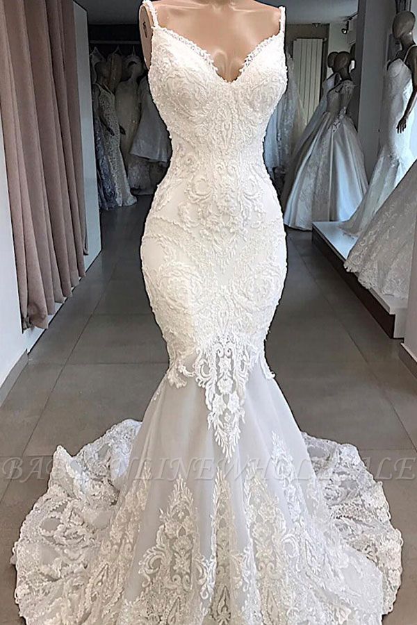 Elegant Spaghetti Strap V-neck White Sleeveless Mermaid Open Back Wedding Dress with Chapel Train