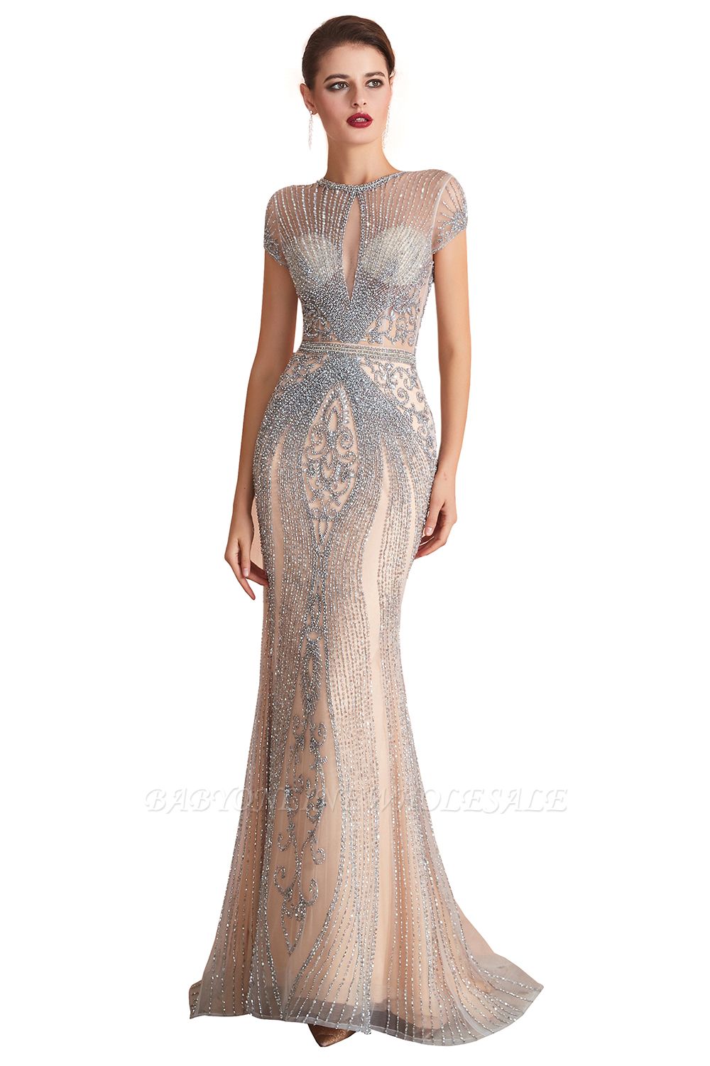 Chloe | Luxury Dark Navy Cap Sleeve Key hole Sparkle Prom Dress Online, Beautiful Champange Dresses for Evening Party