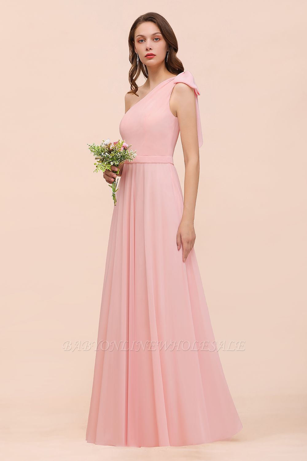 One Shoulder Soft Chiffon Bridesmaid Dress Pink Maid of Honor Dress