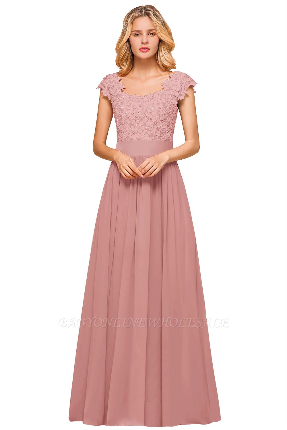 Burgundy Cap sleeves Lace Evening Gowns with Appliques | Chiffon Long Mother of the bride dress