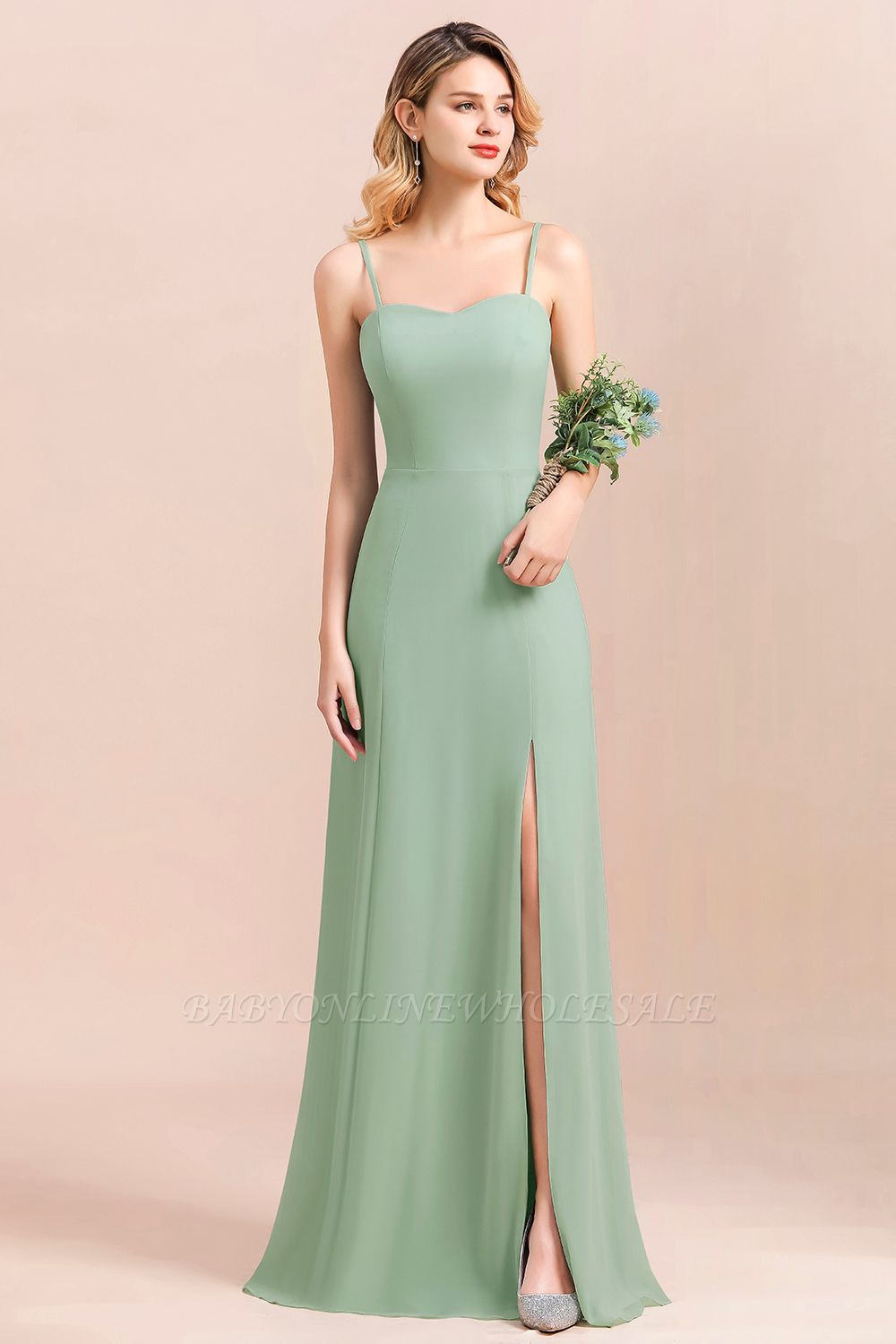 Romantisches Schatz-Salbei-Garten-BrautjungfernkleidSpaghetti-Trägern Langes Kleid für besondere Anlässe mit Seitenschlitz