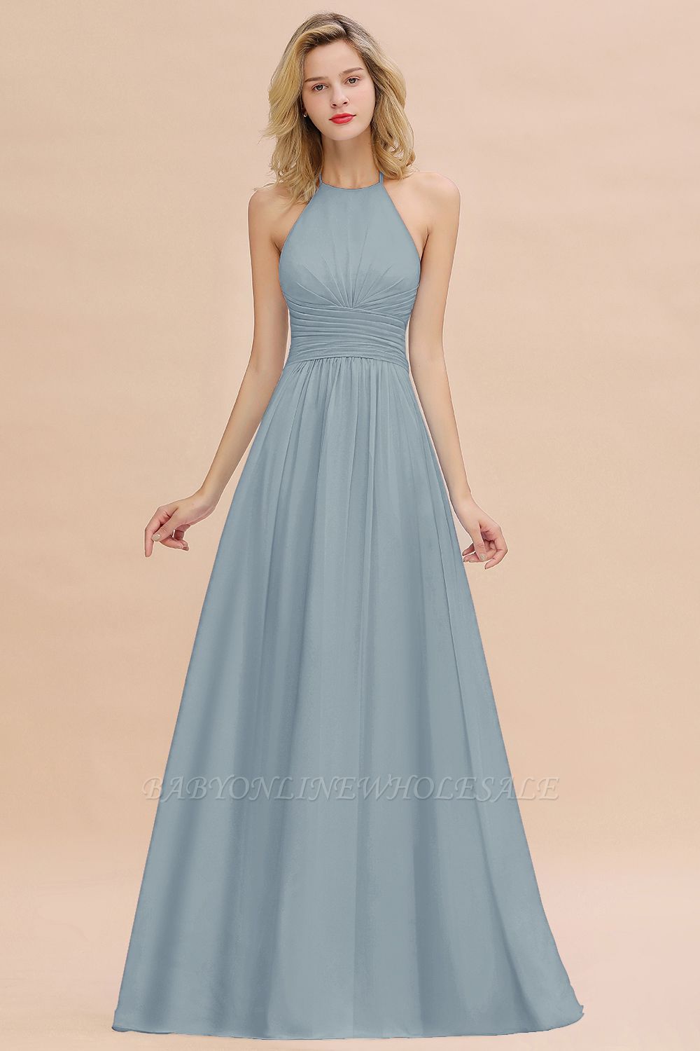 Stylish Sky Blue Halter Soft Chiffon Bridesmaid Dress Aline Evening Swing Dress