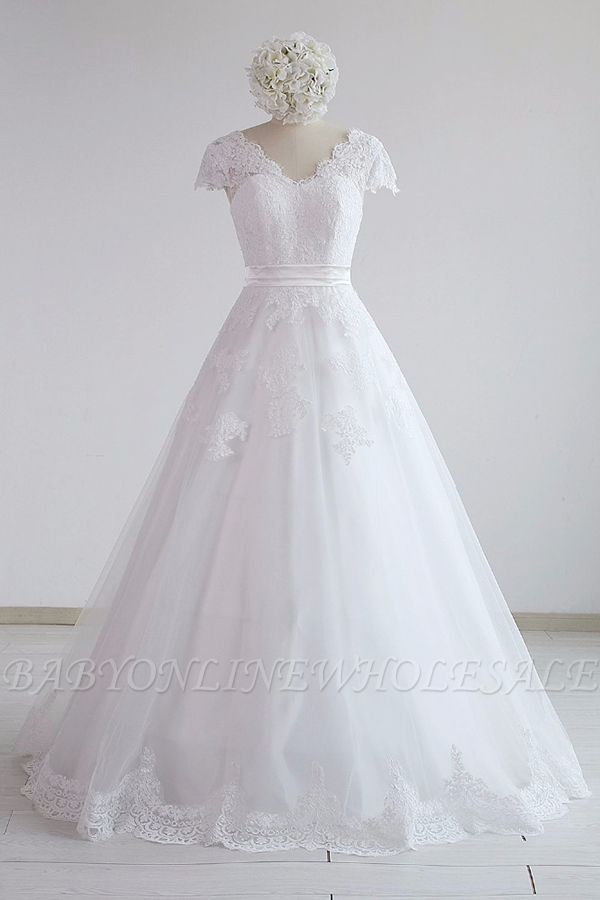 Cap sleeves Round neck White Lace Princess Wedding Dresses