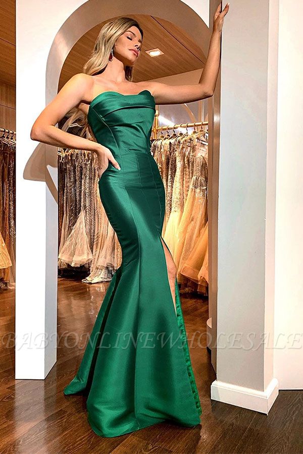 Vestidos de fiesta sencillos y elegantes de color verde esmeralda cariño sirena baratos en línea con alta división