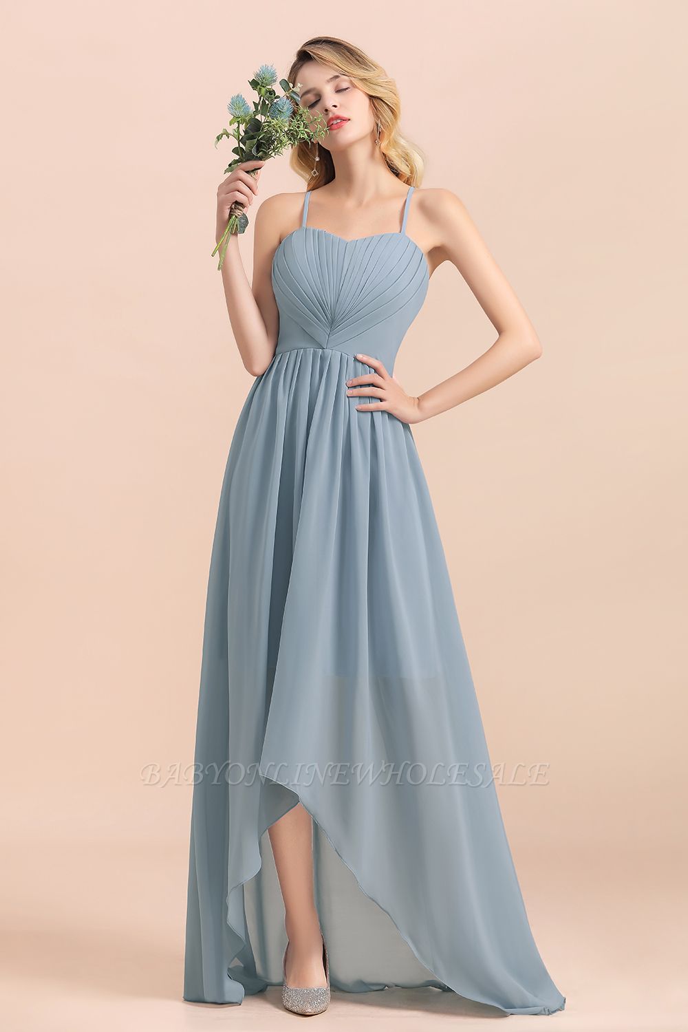 Spaghetti Straps Sweetheart Soft Chiffon Hi-Lo Bridesmaid Dress