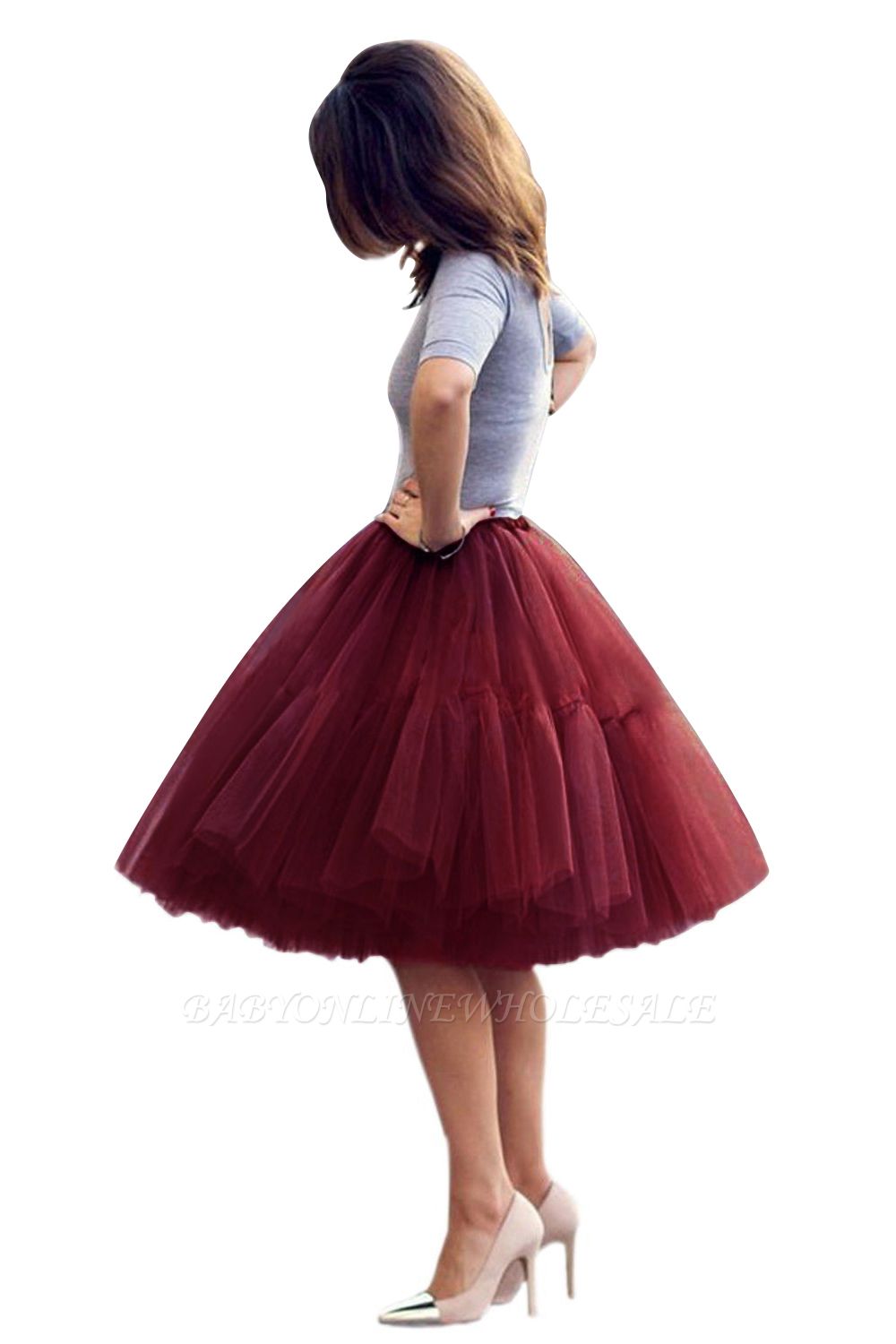 Puffy Knee-length Carnival Peticoat in Burgundy, White, Yellow, Gray, Pink, Mint Green