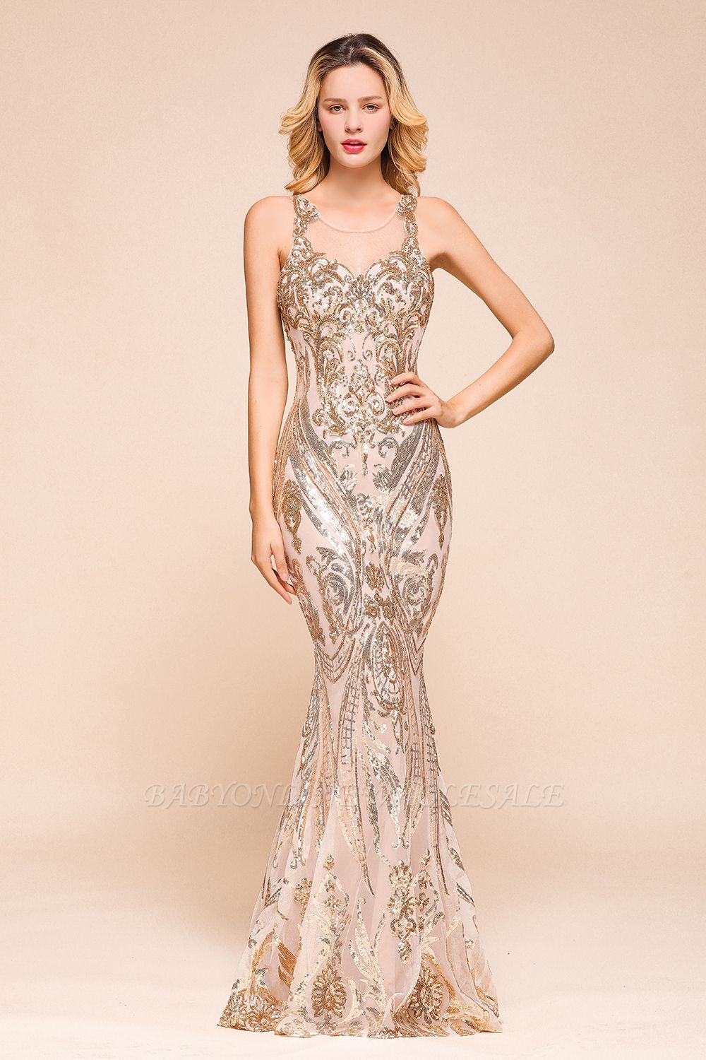 Sparkle Sequined High neck Sleevelss Rose Gold Mermaid Long Evening Dresses