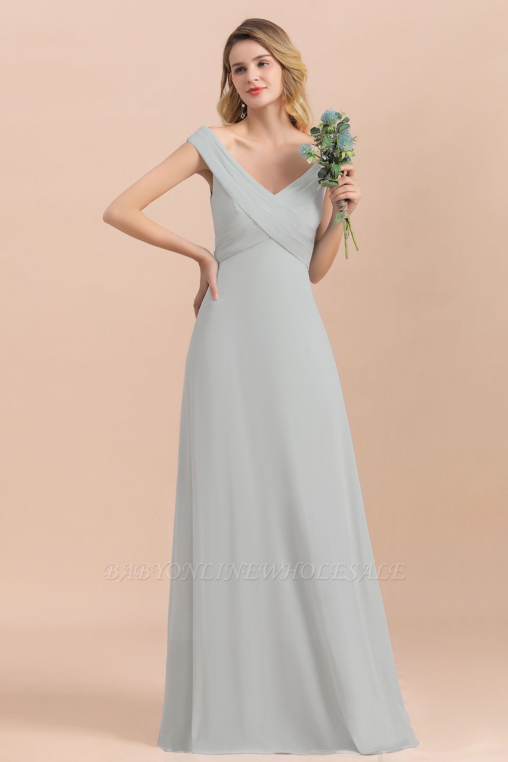 Серебряное простое свадебное платье с открытыми плечами и V-образным вырезом, Вечернее платье в пол