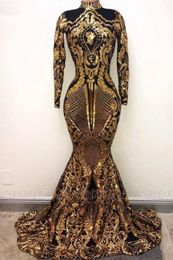 High Neck Golden Appliques Mermaid Long Sleeves Prom Dresses