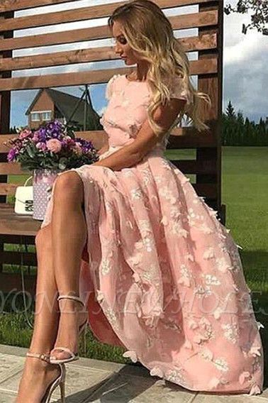 Belle dentelle rose col rond cap manches manches robes de bal | Robes de soirée pas chères