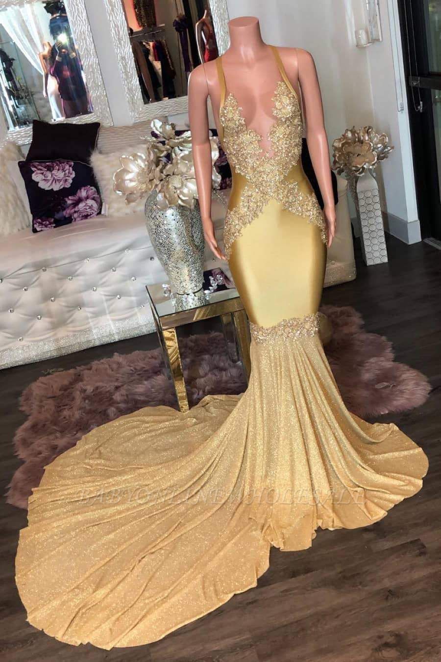 Stunning Golden Appliques Spaghetti Long Mermaid Evening Dresses