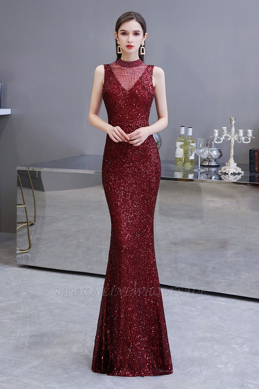 Elegant Illusion neck Burgundy Sleeveless Mermaid Prom Dress ...