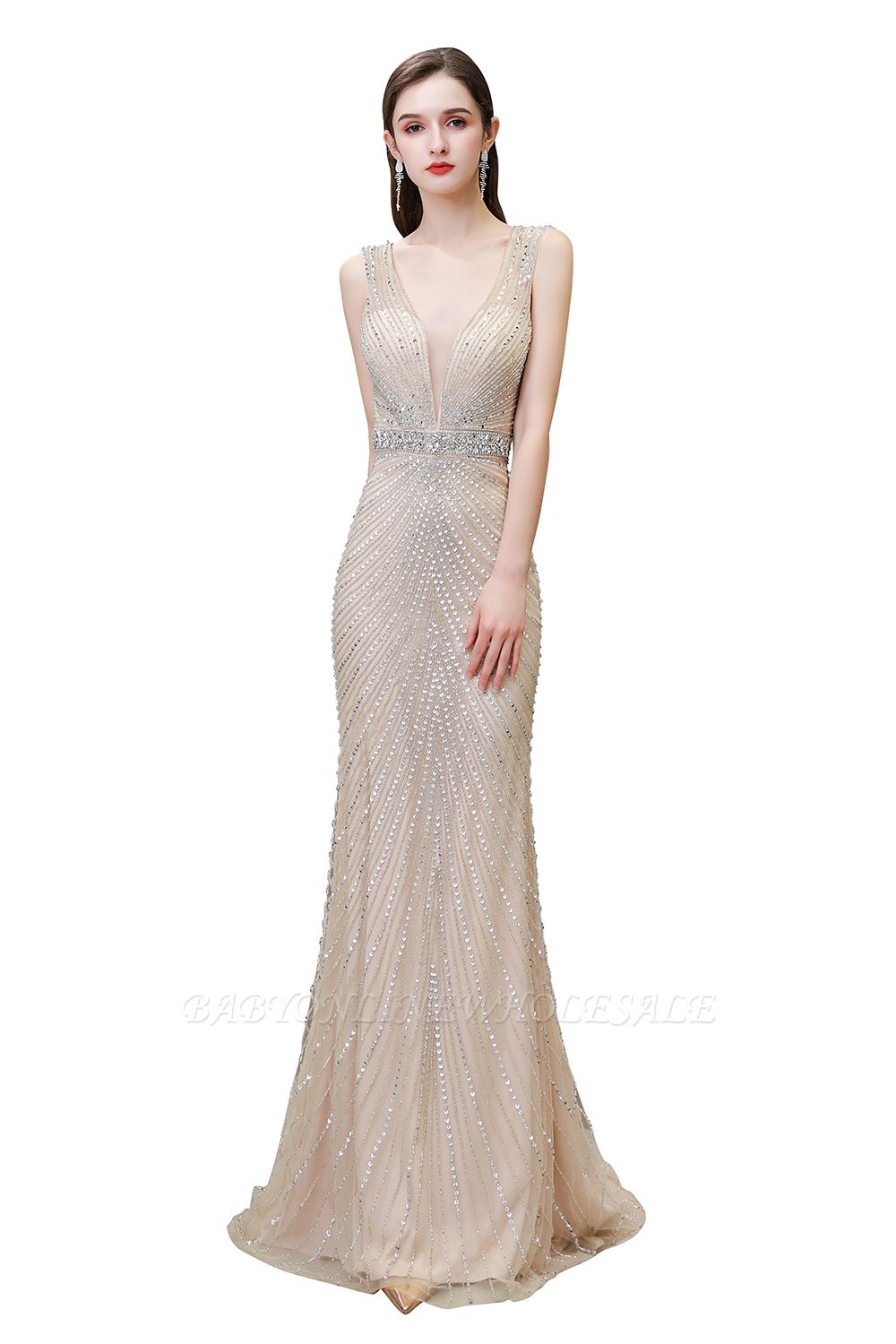 Сексуальное русалка v-образным вырезом серебро русалка платье выпускного вечера