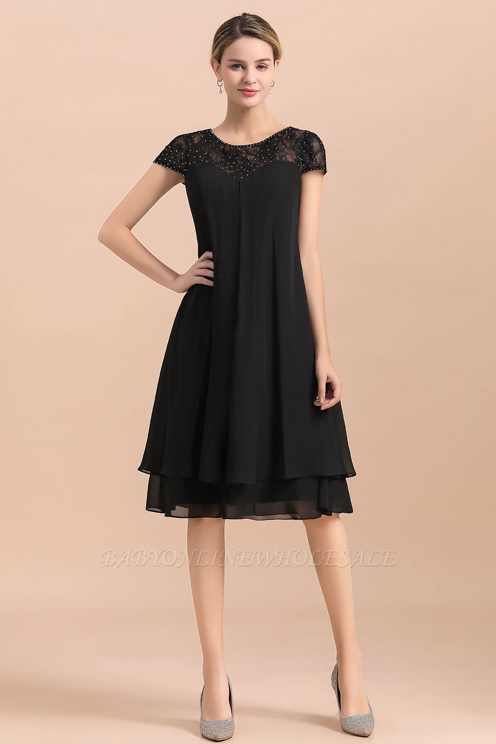 Black Short Sleeves Lace Wedding Party Dress Chiffon Knee Length Dress