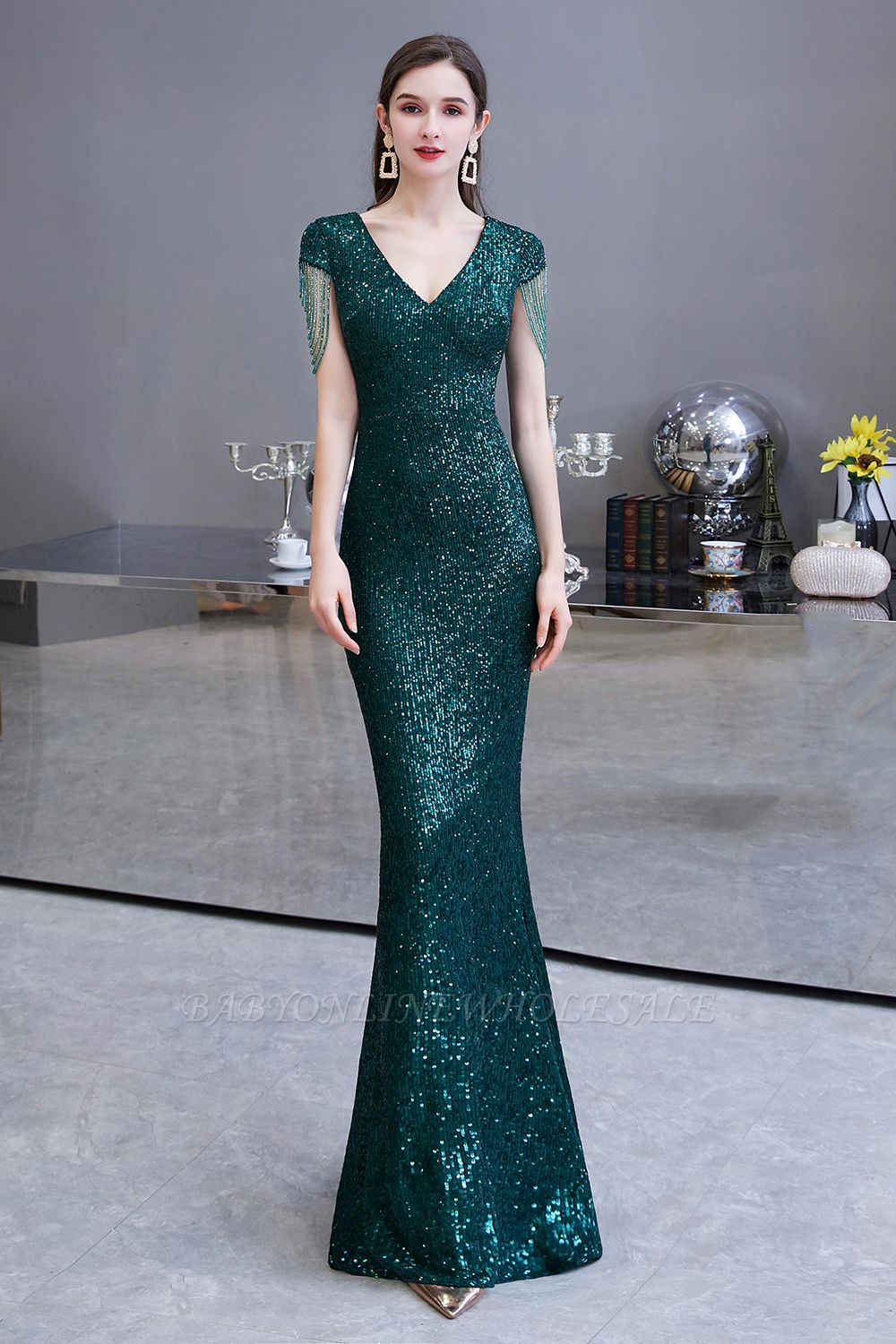 BMbridal Emerald Green Mermaid Evening Dress Split With Gold Appliques  Tassels | BmBridal