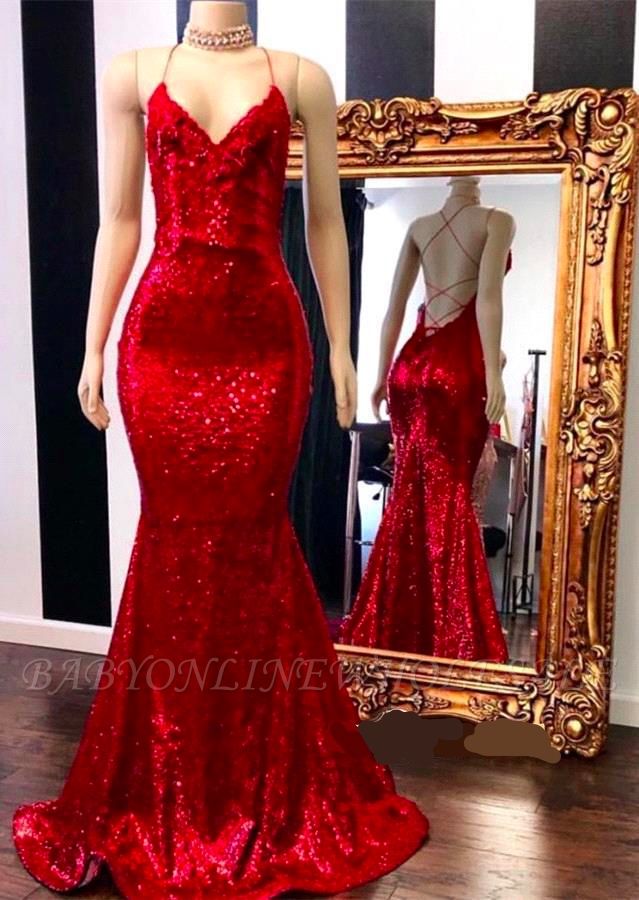 Спагетти Ремни на шнуровке Красные блестки V-образным вырезом платья выпускного вечера русалки