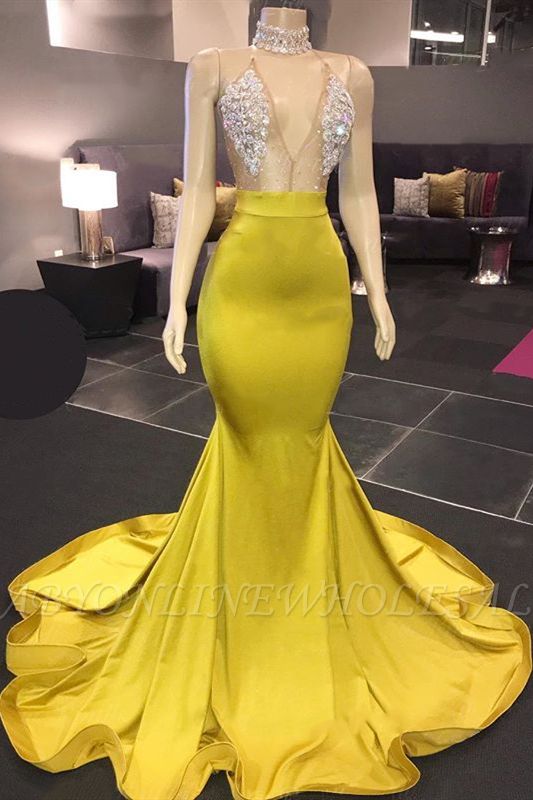 Sexy Yellow Sleeveless Crystals Sheer Tulle Prom Dresses 2021 | Mermaid Formal Evening Gowns