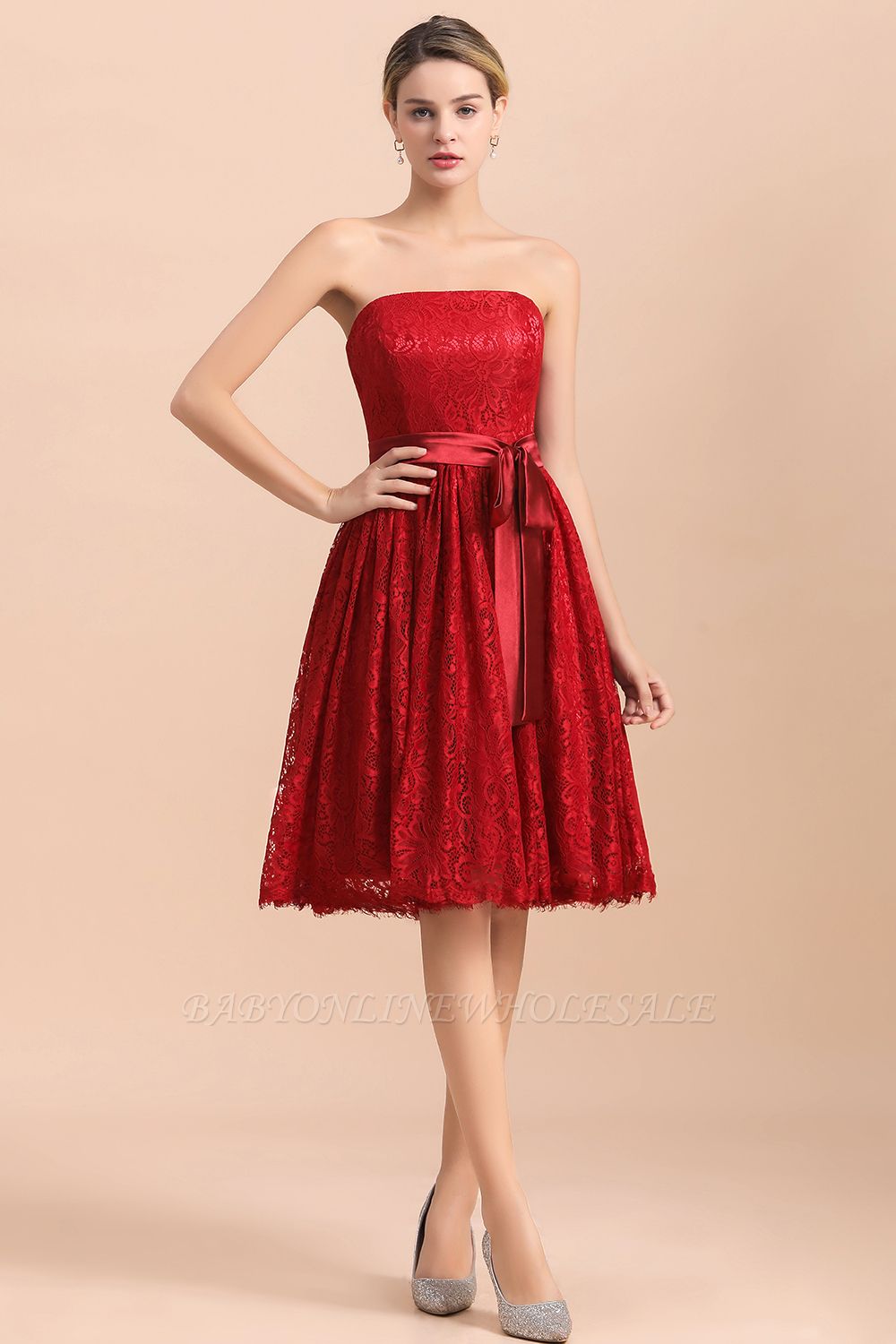Trägerloses rotes Abendkleid Satin Aline Hochzeitsgastkleid