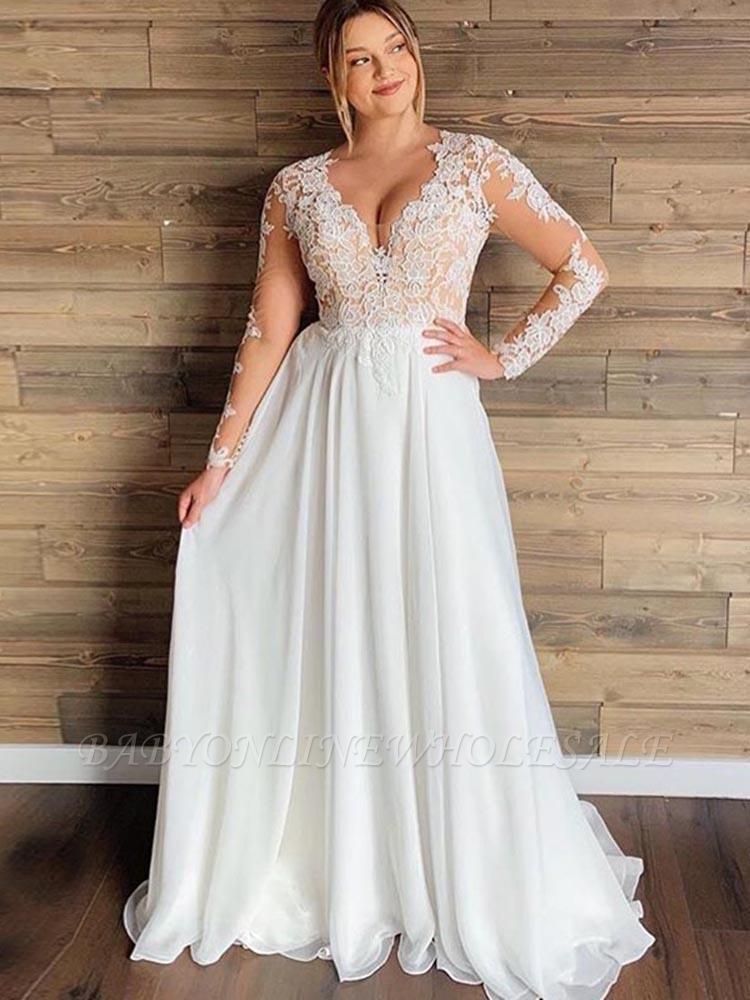 A-Line Sheer Тюль Кружева Дешевые Свадебные платья | Пляжное свадебное платье с длинным рукавом