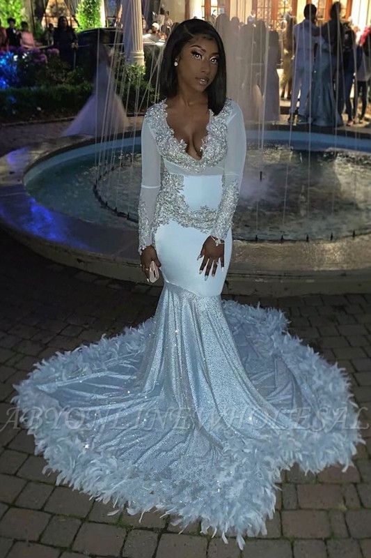 Sparkle Mermaid V-neck Luxury Feather Long Prom Dresses ...