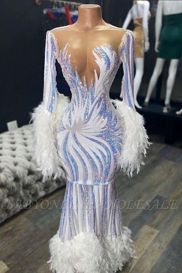 Illusion neck Long sleeve Luxury Fur Sequin Mermaid Prom Dress