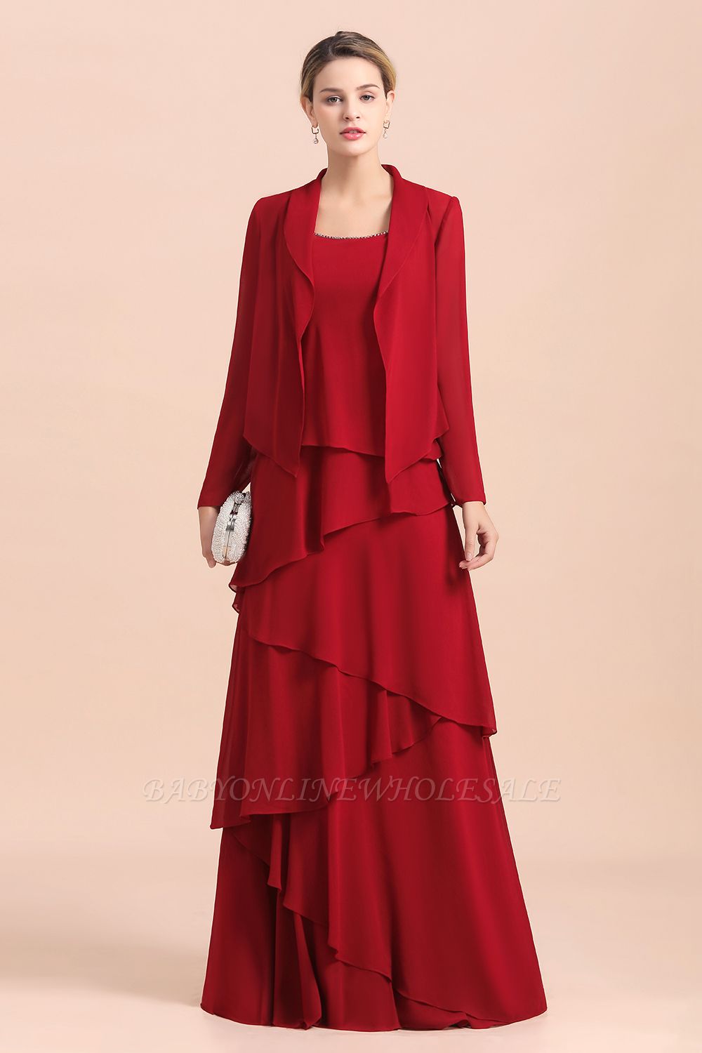 Ruby Chiffon Two-pieces Ruffles Long sleeves Mother of the Bride Dress