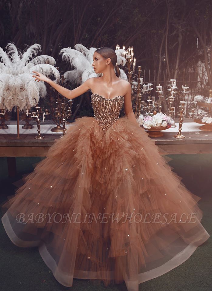Glamorous A Line Tube Top Beading Prom Dresses With Pearls | Sleeveless Brown Princess Evening Gowns