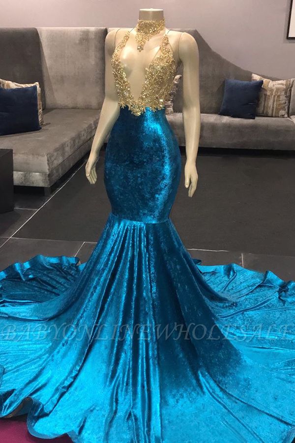 High Neck Illusion Neckline Sleeveless Long Train Appliqued Mermaid Prom Gowns