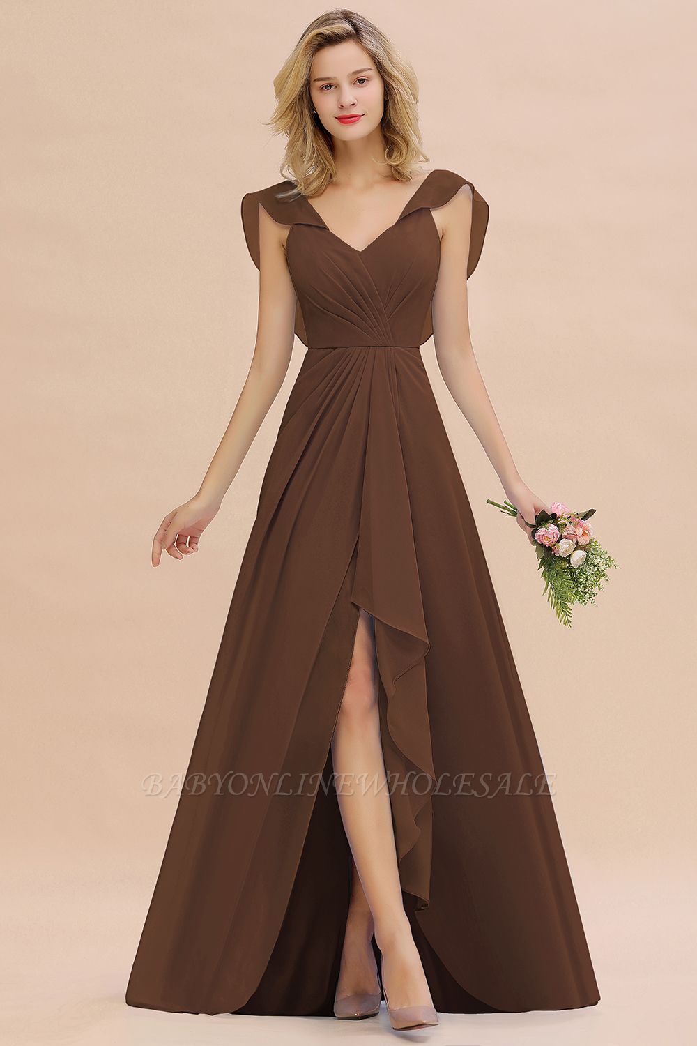 Candance | Simple Hi-Lo V-Neck Ruffles Long Bridesmaid Dress Online