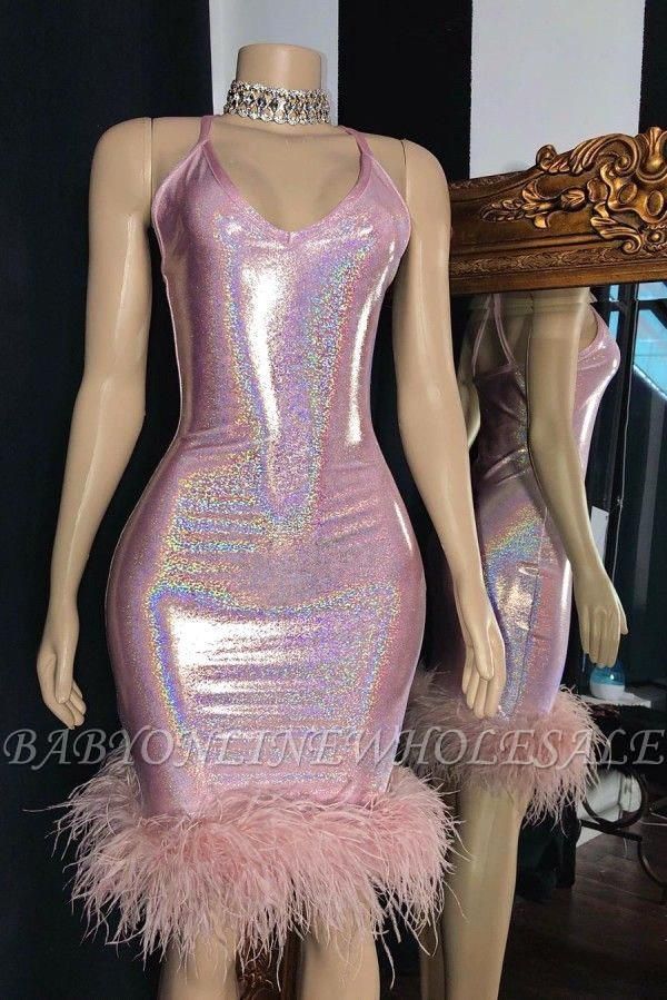 Pink Sparkle column sleeveless feather homecoming dress