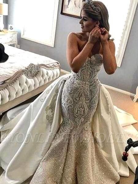 Meerjungfrau-Brautkleid mit Überrock in Champagner