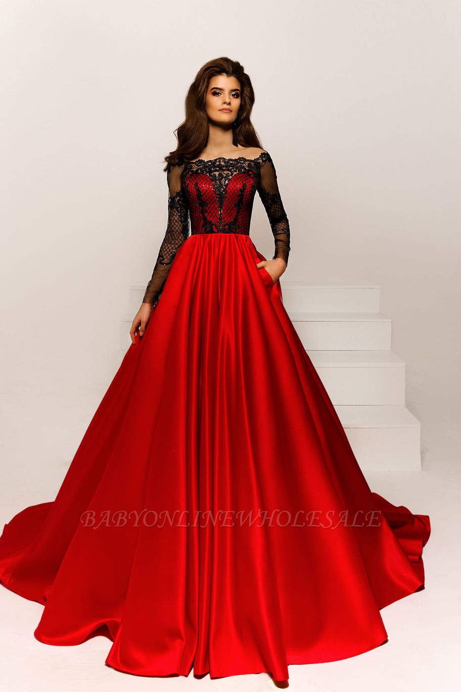 Long Sleeves Red Black Lace Sleeves Floor length Prom Dresses