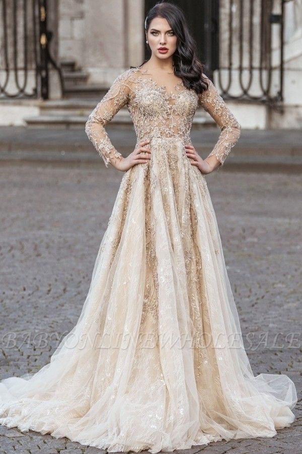 Шикарное свадебное платье трапециевидной формы с длинными рукавами и V-образным вырезом с цветочным кружевным узором