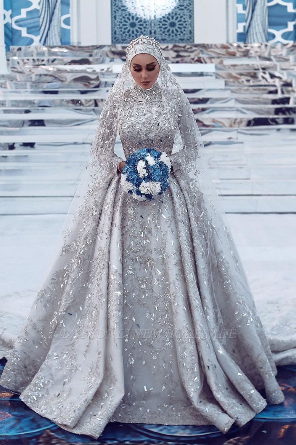 Роскошное свадебное платье с пайетками Aline с длинными рукавами и высоким воротом со шлейфом
