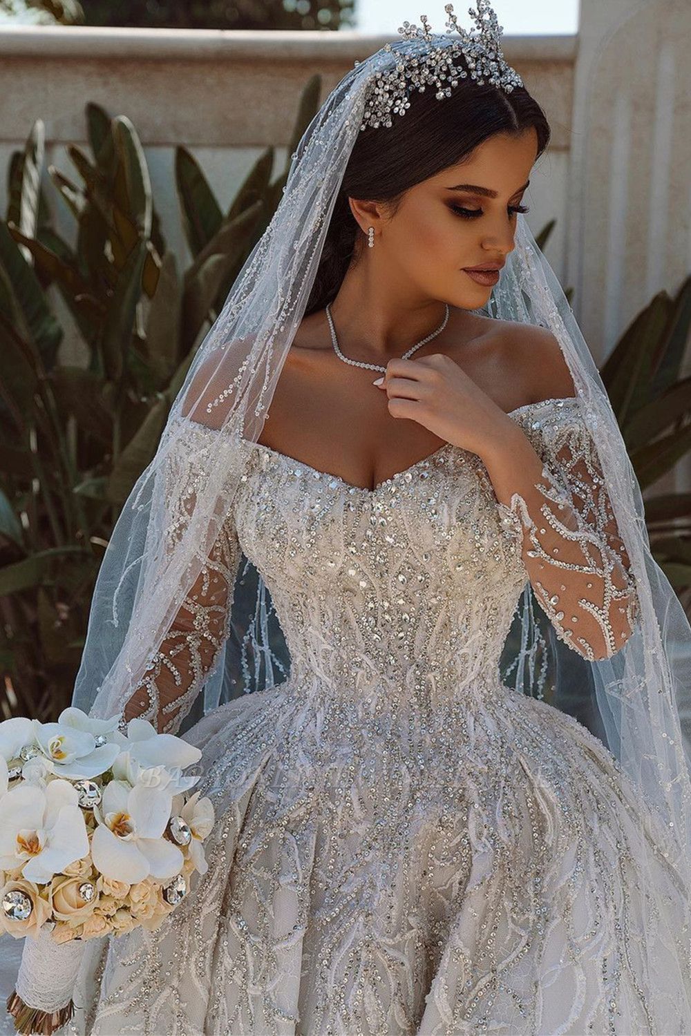 Luxurious Ball Gown Sequins Bridal Dress Long Sleeve Satin Maxi Dress ...