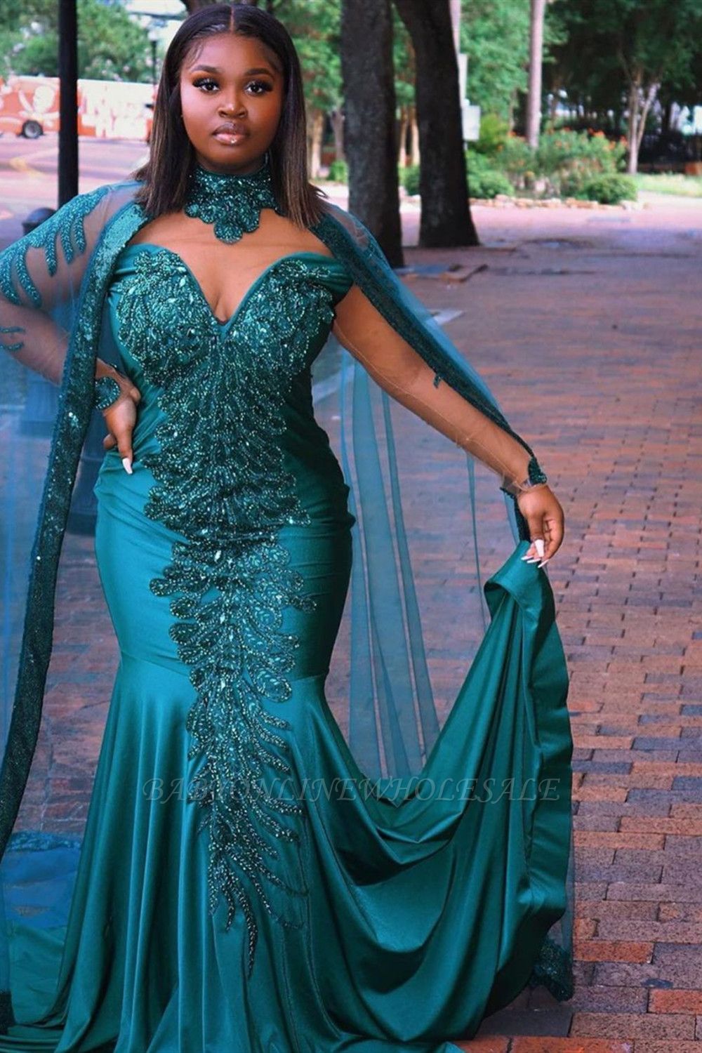 Glamorous Mermaid Evening Gowns Long Sleeve Appliques Floor Length Cape ...