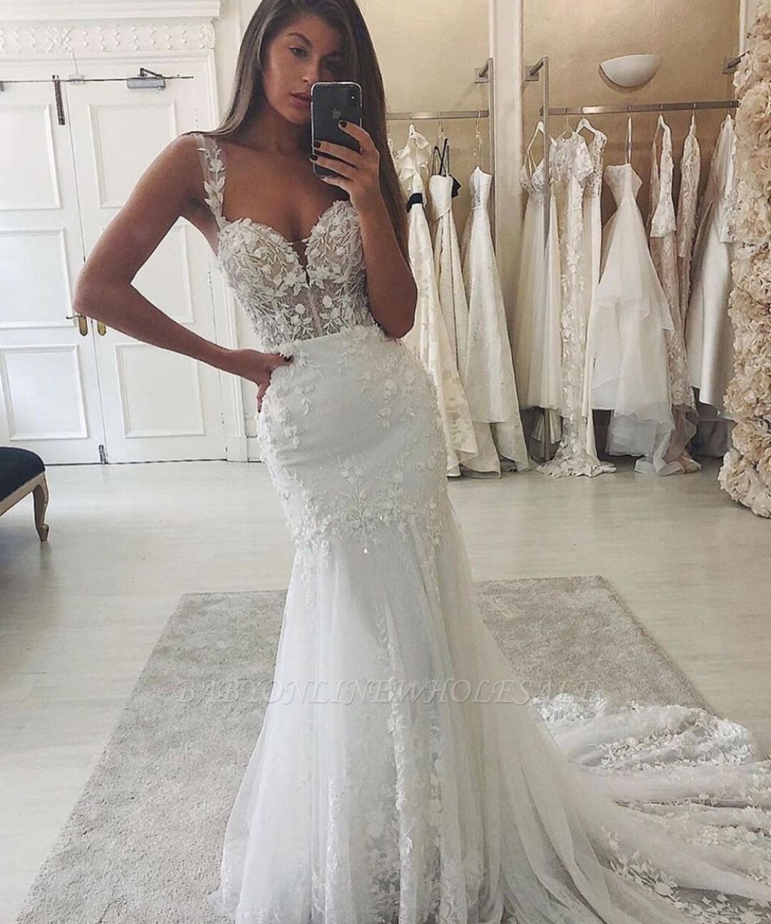 Lace Garden Mermaid Wedding Dress Floral Pattern Slim Sweetheart Bridal ...