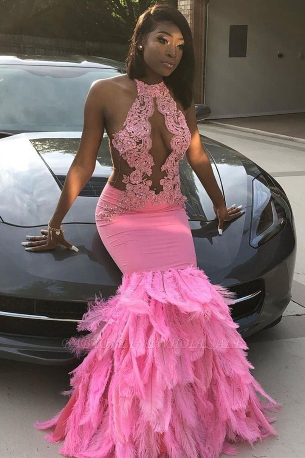 Pink Halter Mermaid Feather Prom Dress Appliques Evening Dressing ...