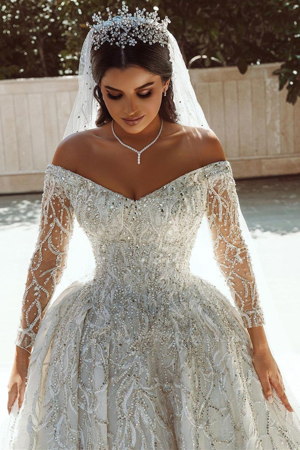 Luxurious Ball Gown Sequins Bridal Dress Long Sleeve Satin Maxi Dress