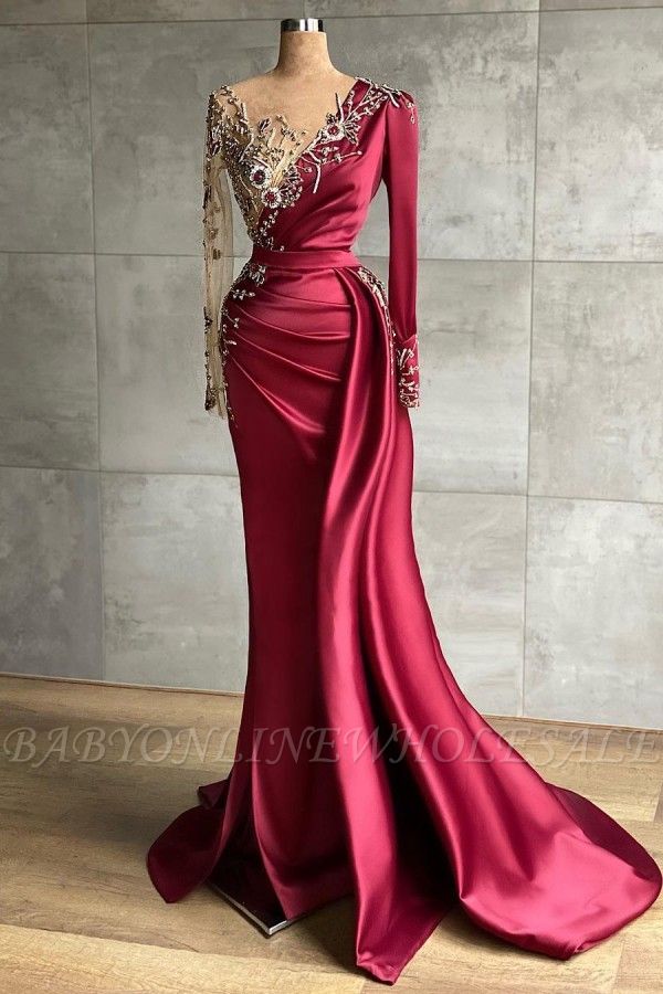 Очаровательное вечернее платье из атласа со шлейфом сбоку | Выпускные платья с длинными рукавами