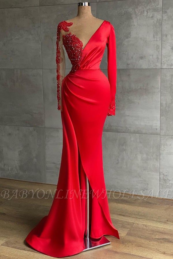 Очаровательное красное платье для выпускного вечера с русалкой с разрезом по бокам и кружевными аппликациями