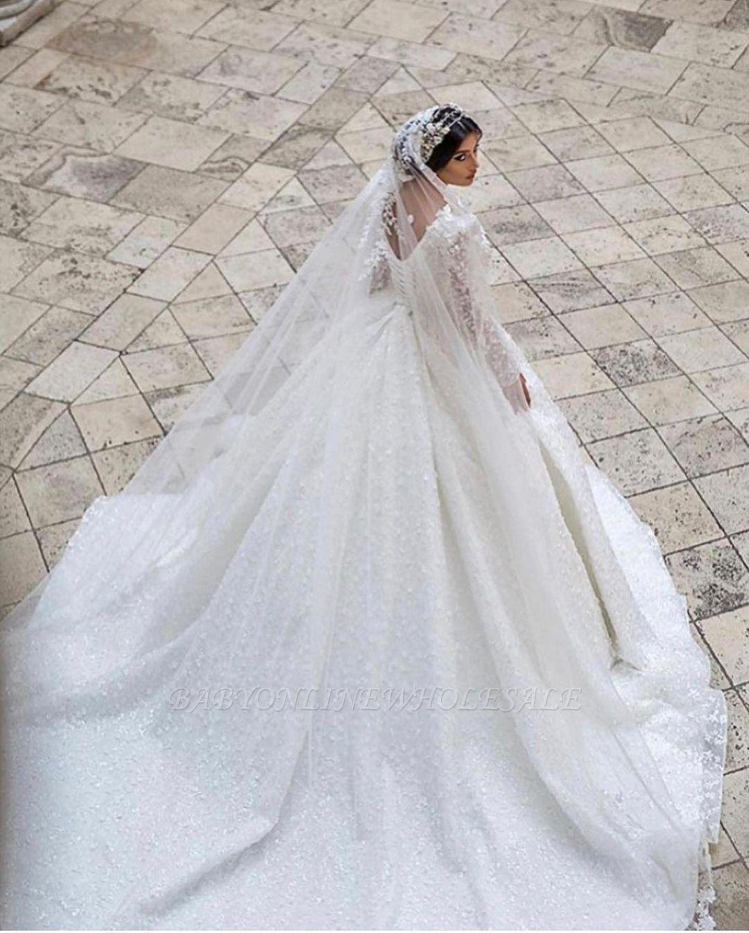 Glamorous V-Neck Long Sleeves A-line Princess Bridal Dress with Sweep ...