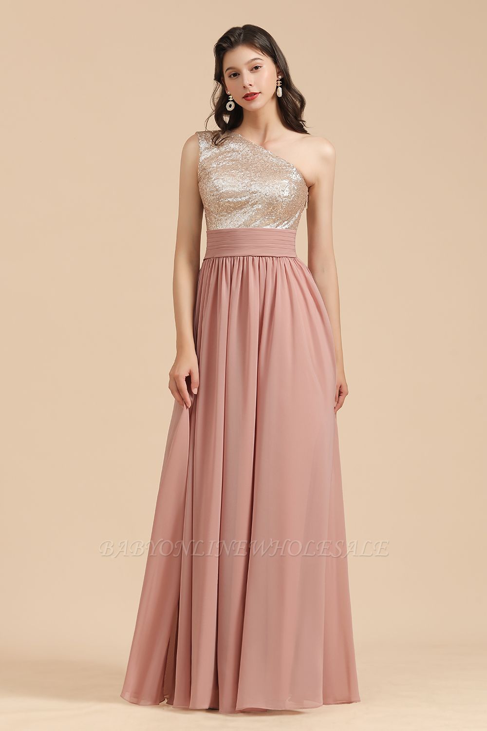 Stylish One Shoulder Glitter Sequins Aline Chiffon Evening Prom Dress